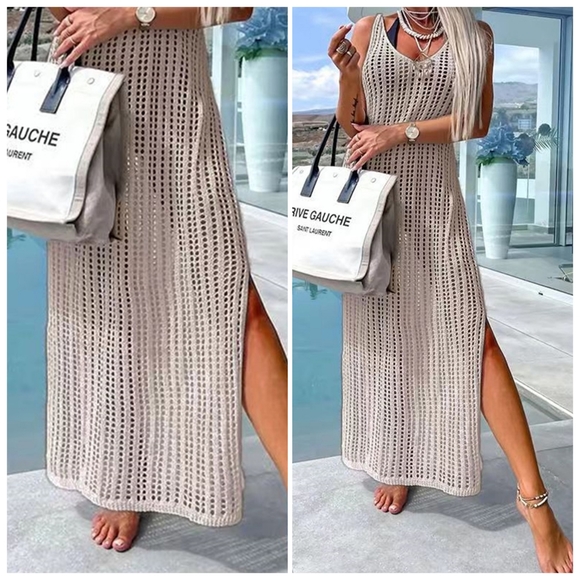 Beige Openwork Slit Cutout Wide Strap Dress - Picture 5 of 10